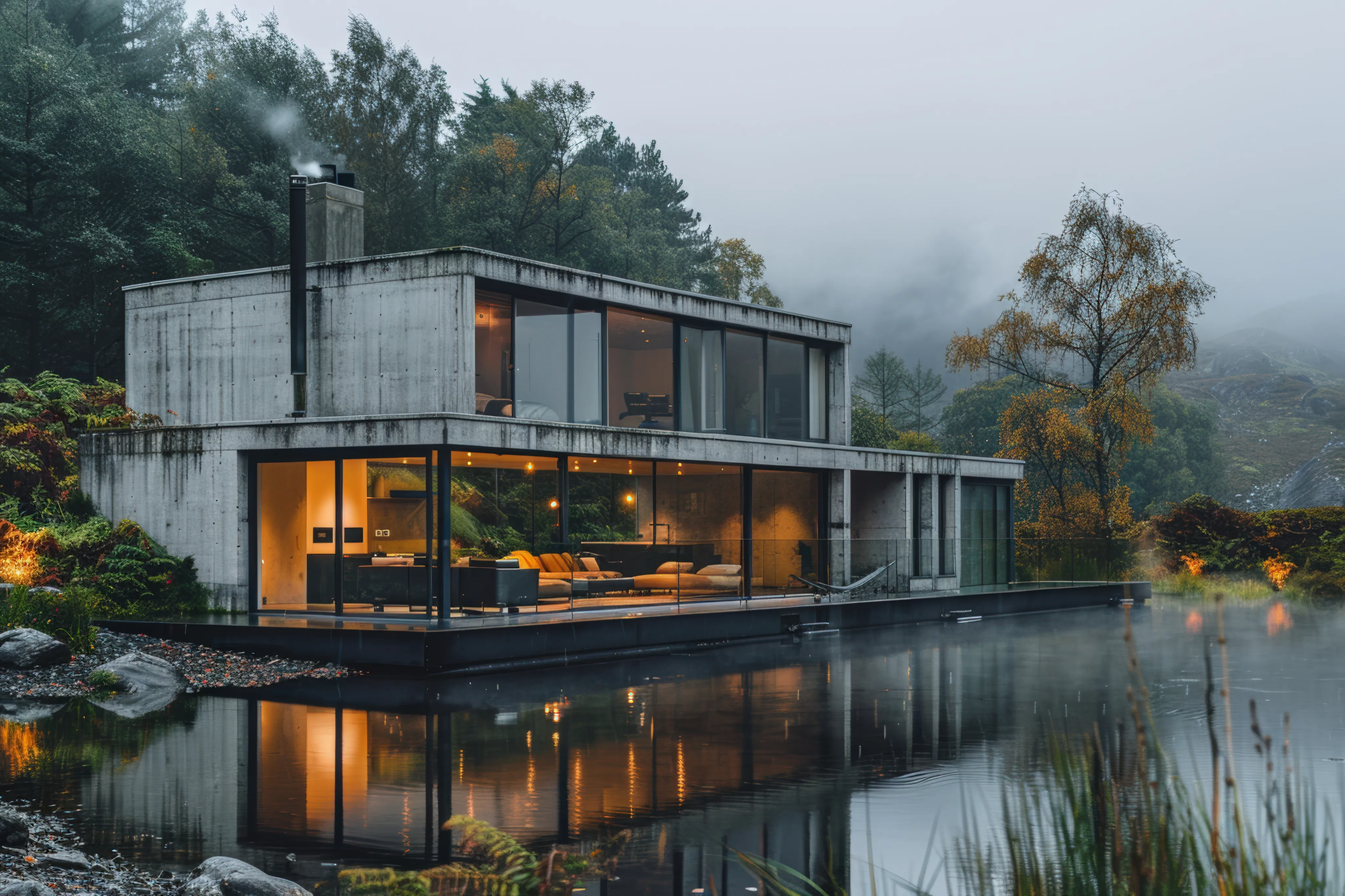 Concrete and glass house beside a misty pond in the forest