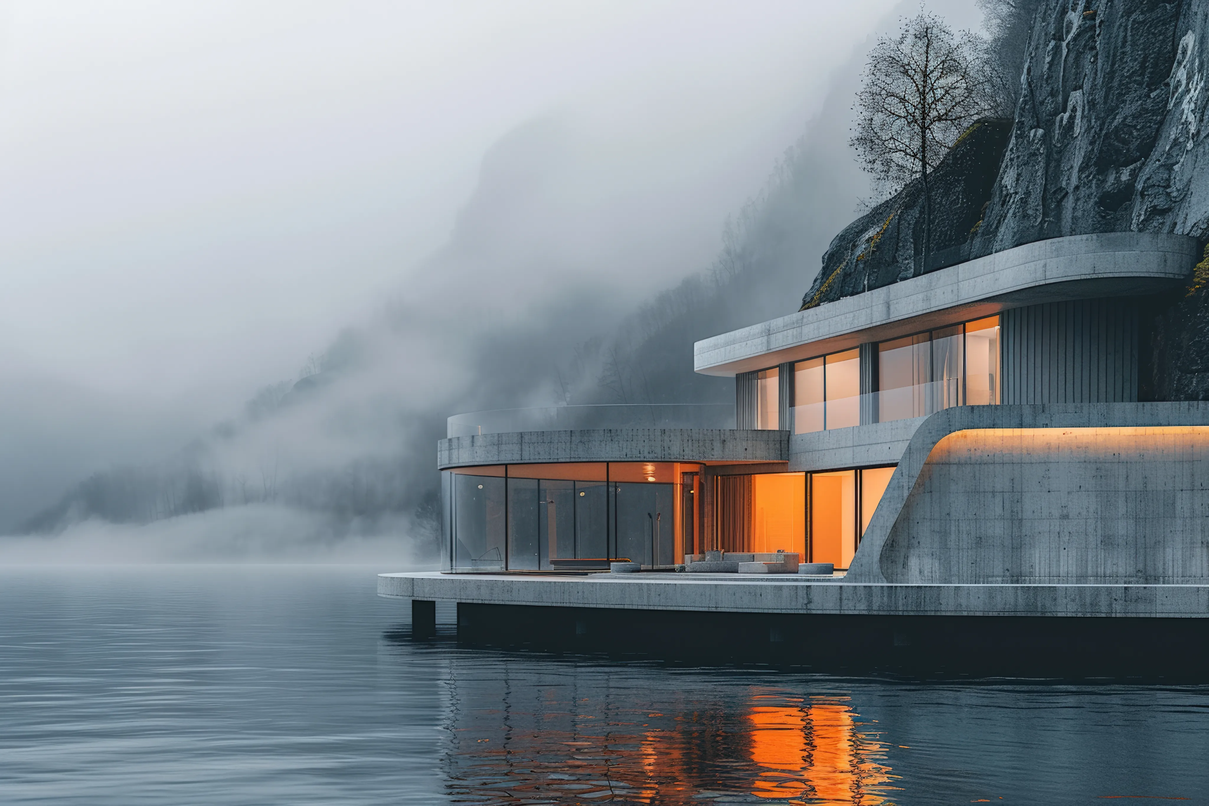 Concrete house with lit windows on a misty lake shore